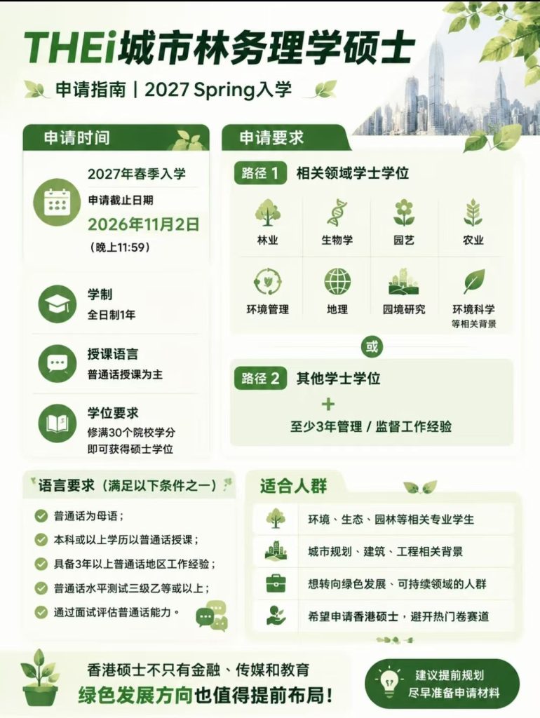 港高等教育科技学院THEi城市林务理学硕士2027春季入学 港高等教育科技学院THEi城市林务理学硕士2027春季入学